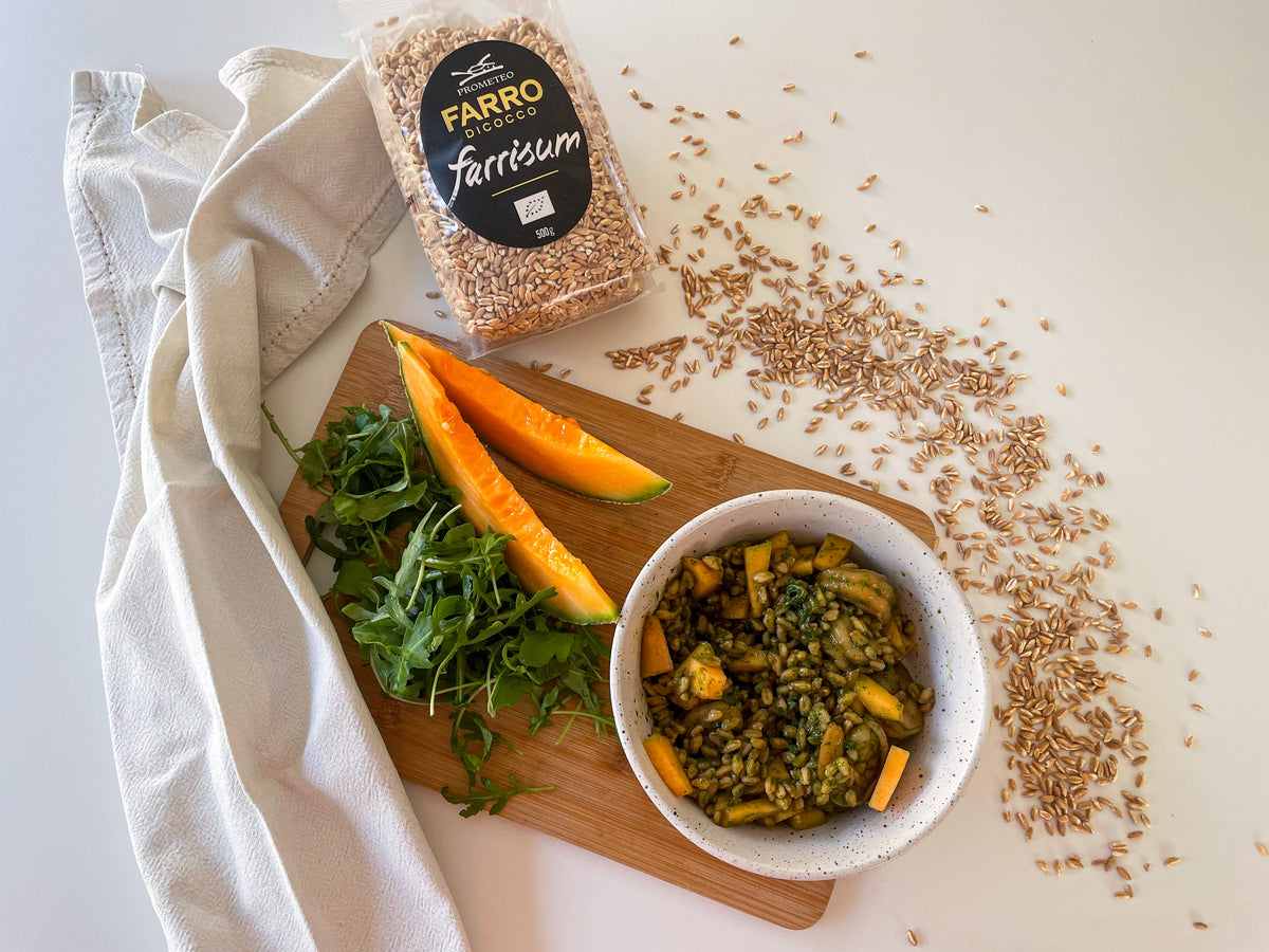 FARRO CON PESTO DI RUCOLA, GAMBERI E MELONE – Farro Shop Prometeo