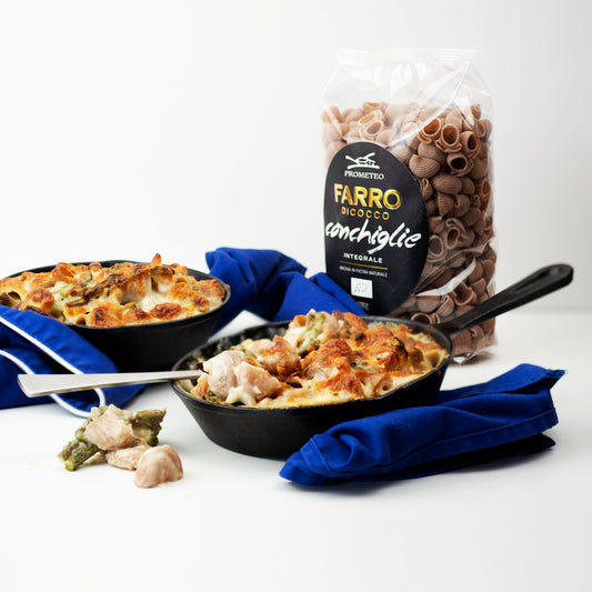 Conchiglie di farro al forno con asparagi