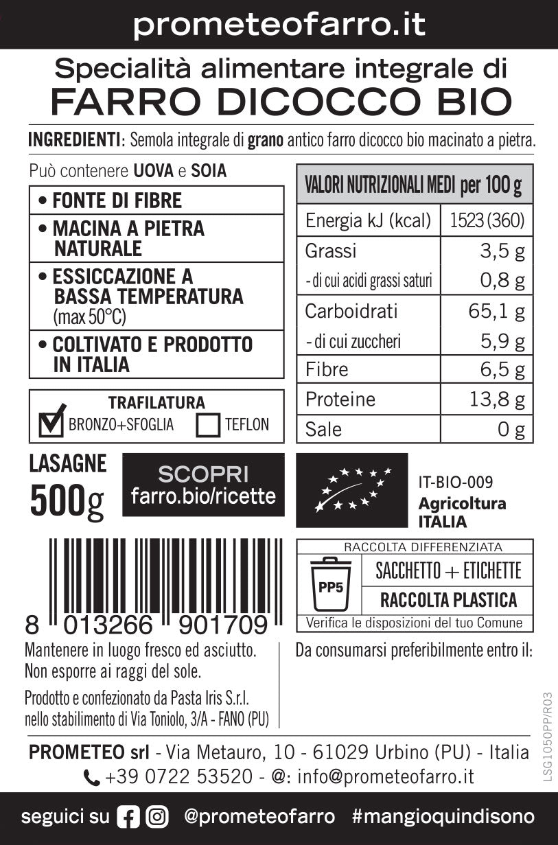 Lasagne di farro dicocco integrale bio (confezione da 8)