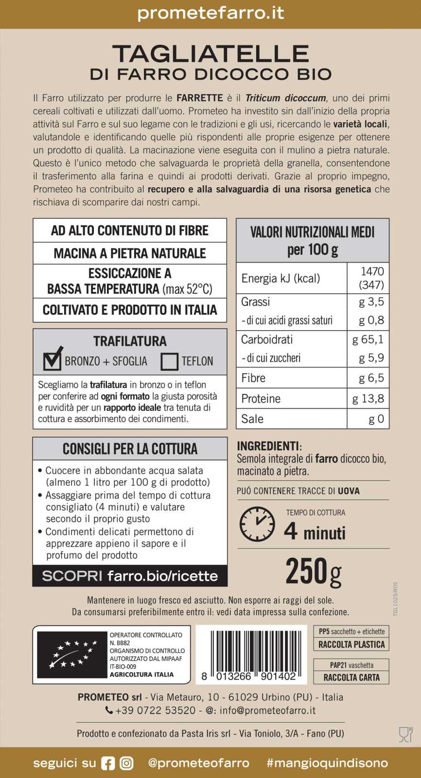 Tagliatelle di farro dicocco integrale bio
