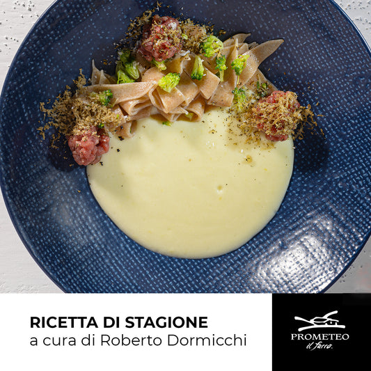 CREMA DI TOPINAMBUR CON MALTAGLIATI DI FARRO E BATTUTA DI MARCHIGIANA