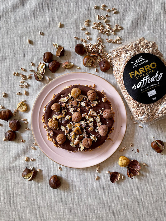 TORTA GANACHE E FARRO SOFFIATO CON CASTAGNE