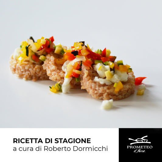 GNOCCO ALLA ROMANA DI FARRO SPEZZATO CON PICCOLE VERDURE E UOVA STRAPAZZATE
