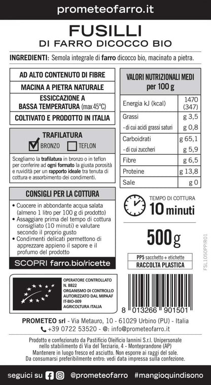 Fusilli di farro dicocco integrale bio (confezione da 12)